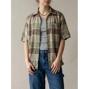 Vintage 90s Company One Plaid Button Up Shirt Small Green Brown Grunge Earthy